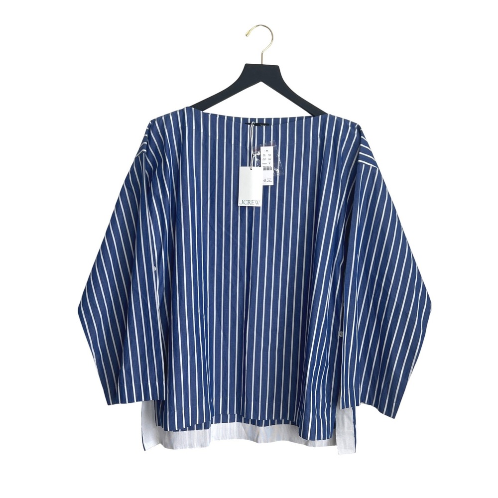 J. Crew Cotton Stripe Boat Neck Button Side Wide Sleeve Boxy Top Nautical Medium